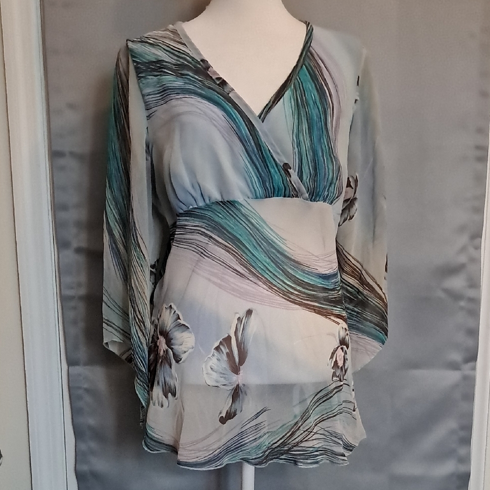 Janette Plus Green and Blue Asymmetrical Wrap Blouse